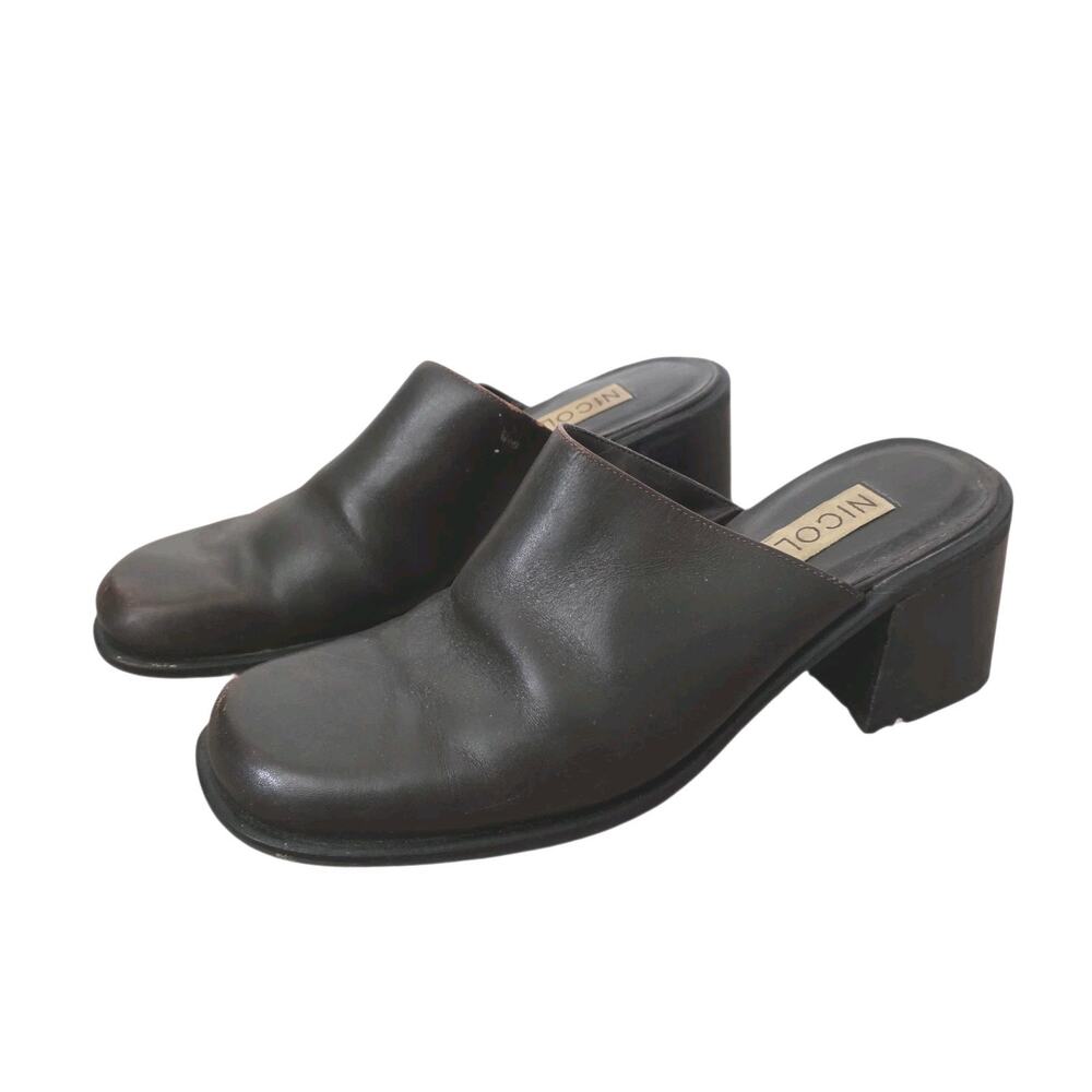 Vintage Chunky Slip On Mule Clogs Womens 7.5 Brown Leather Y2K Boho Minimalist